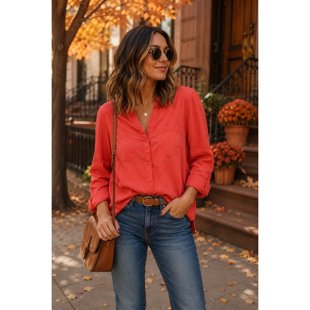 Chico's 100% Silk Blouse Women Size 0 Small Coral Red Roll Tab Button Down Shirt